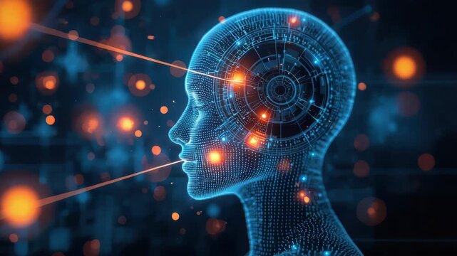 Futuristic digital human profile with glowing node neural network, data visualization and AI beams