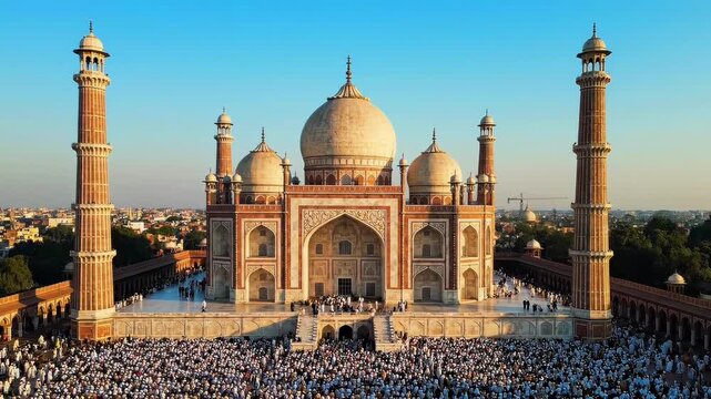 Majestic Taj Mahal Complex with Crowds Gathered at Sunrise.