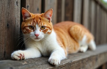 Orange and white cat relaxes on weathered wooden bench. Domestic animal rests its head on paws, looking towards camera. Feline naps outdoors on rustic plank surface.