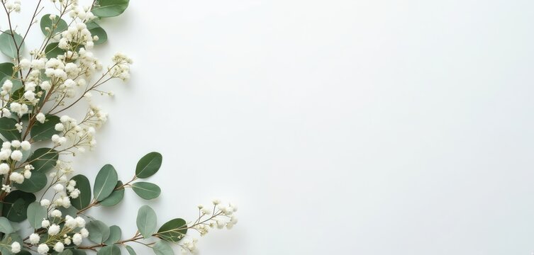 Minimalist flat lay photo with white baby breath flowers and eucalyptus leaves on white background. Top view for wedding or spring themes. Copy space available for text.