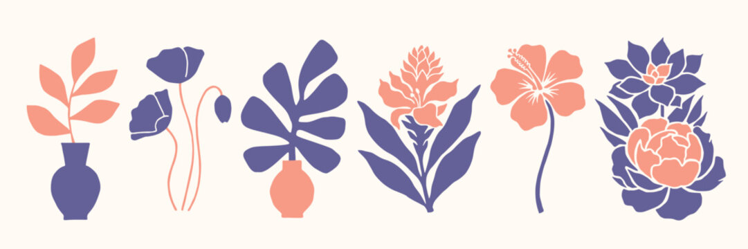 Set of abstract tropical flower and leaf silhouettes in purple and peach colors