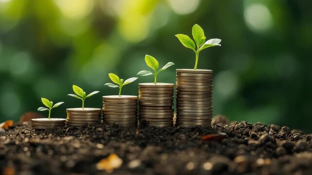 Young plant sprouts and growth stacked coin piles symbolizing gradual money growth, seedling