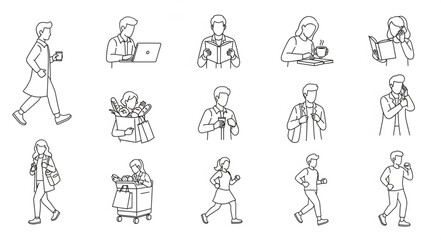 Fototapeta premium Collection of simple line art sketches of people in various activities.