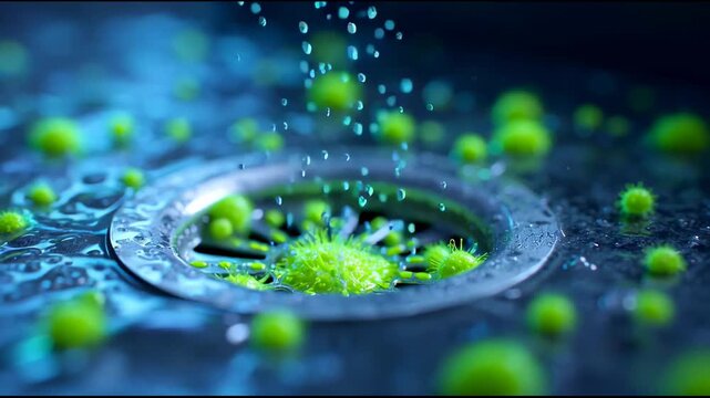 Close look at green particles in water going down drain in a kitchen sink at night