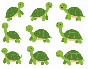 Collection of smiling and cute green turtle characters. Green baby turtle set.