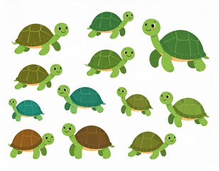 Collection of smiling and cute green turtle characters. Green baby turtle set.