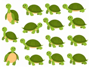 Collection of smiling and cute green turtle characters. Green baby turtle set.