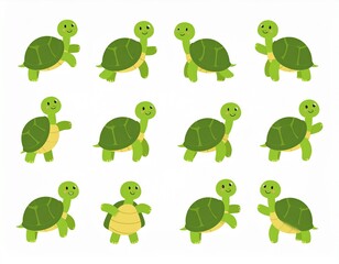 Collection of smiling and cute green turtle characters. Green baby turtle set.