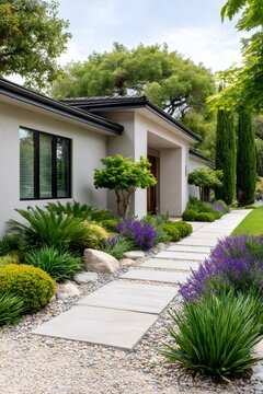Modern house garden path with lavender planting