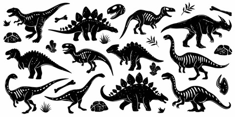 A collection of various dinosaur silhouettes and skeletal remains © Sujal