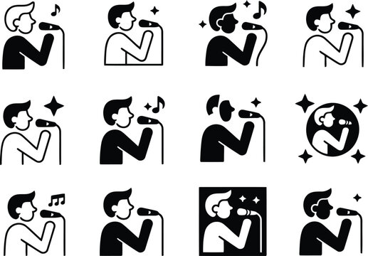 A diverse collection of male singer icons portraying different styles and musical elements on a white canvas