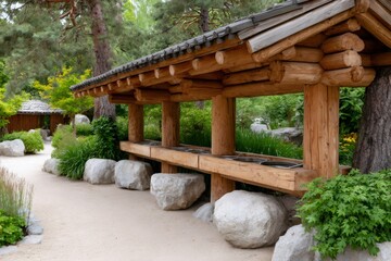 Fototapeta premium Traditional Japanese garden pavilion with communal water station