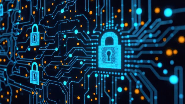 Digital lock circuit board network data glowing padlock symbolizing robust cybersecurity protection