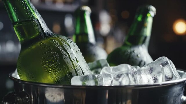 Chilled green bottles in a metal ice bucket, condensation forming on the glass, set against a dark, blurred background