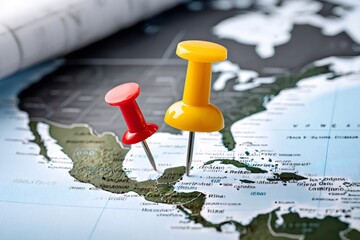 Red and yellow pins marking locations on a world map