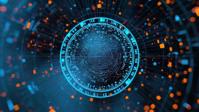 Futuristic blue digital interface and data tunnel with glowing circular nodes, radial technology