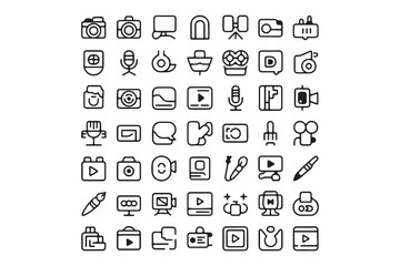 Video Content Creation and Live Streaming Line Icons Set