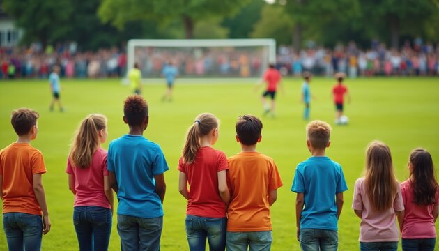 Children watch soccer match from sideline grass field. Boys and girls cheer for teammates playing game at school tournament. Parents stand near kids supporting players.
