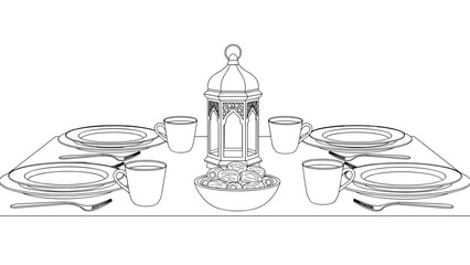 Eid Celebration Table Setting: A Black and White Illustration of a Formal Dining Table with Plates Cups Lantern and Dates Ready for a Festive Islamic Meal, Generative AI.