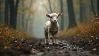 Obraz premium Small white lamb stands on muddy forest path. Wet ground, fallen leaves, autumn trees create atmospheric woodland scene. Cute animal explores nature, feels innocent. Symbol of purity, faith, new