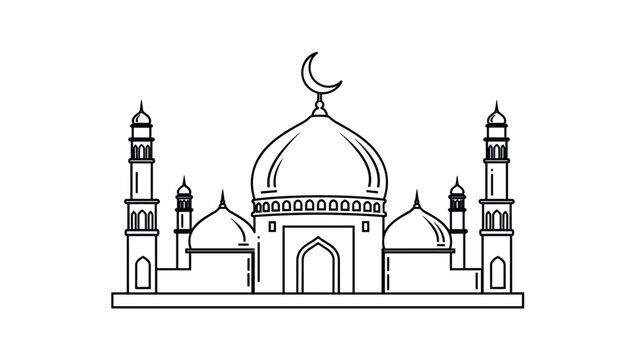 Iconic Mosque with Domes and Minarets Under a Crescent Moon Representing Islamic Architecture Faith and the Centrality of the Mosque in Muslim Communities during Eid, Generative AI.