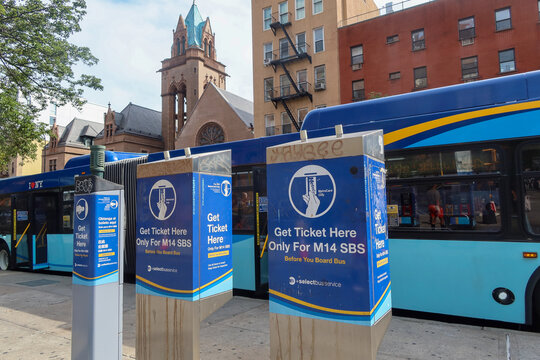 MTA M14 SBS bus ticket vending machines by the MTA SBS bus in New York, USA. August 24, 2026