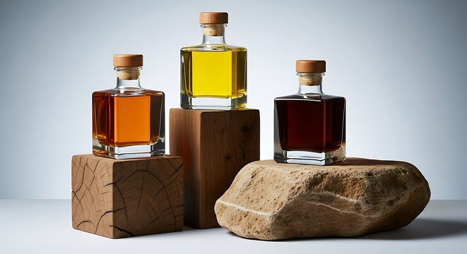 Three glass bottles with blank labels display a variety of liquid products from an assortment of natural wooden and rocky plinths.