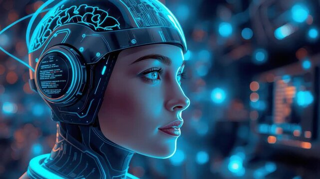 Futuristic cyborg portrait neural helmet technology blue glowing circuitry, contemplative confident