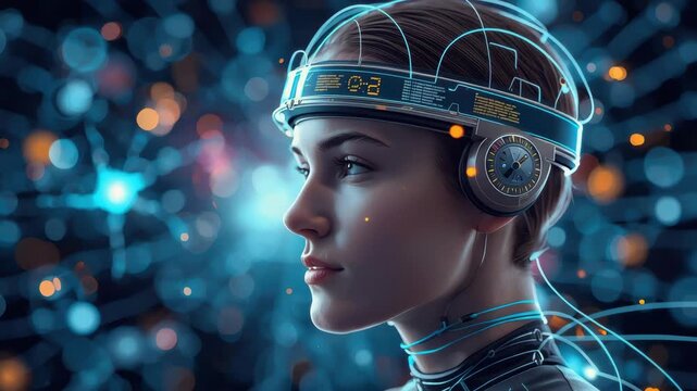 Futuristic woman wearing neural interface headset with glowing circuitry, blue cybernetic bokeh
