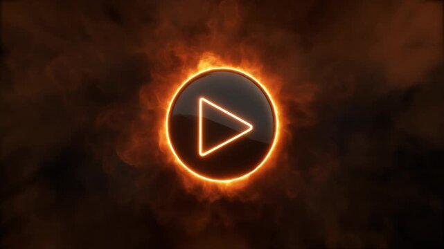 Play button emerging from swirling fire and smoke with dramatic glowing edges energy media animation
