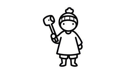 Obraz premium Cute cartoon child in winter hat holding shovel, simple line drawing