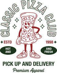 Obraz premium Red pizza slice character with shoes and text