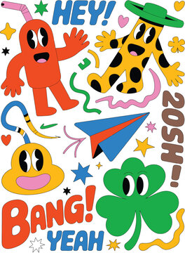 Colorful cartoon characters celebrating with stars and text