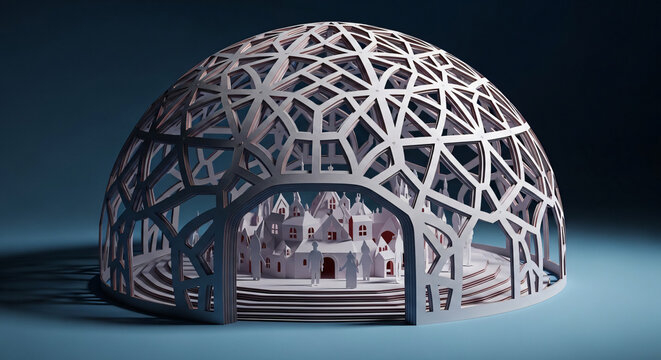 Miniature paper village protected inside a geometric architectural dome structure