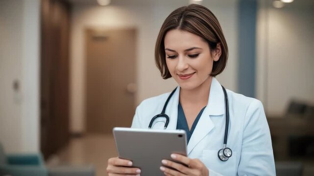 Caring female doctor with tablet and stethoscope modern clinic corridor showing professional