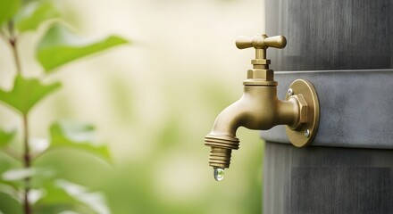 A close-up of a brass spigot on a rain barrel with a single water drop, highlighting water conservation concept