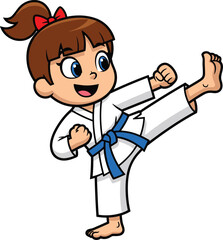 Cute cartoon girl practicing karate kick, martial arts training for kids, cheerful character illustration, vector design, isolated on white background © Fajle