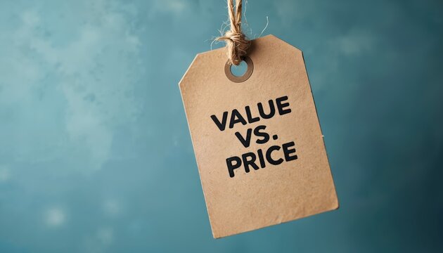 Brown cardboard tag hangs on string showing text value versus price. Concept of economic choice and purchase decision. Consumer making smart buy.
