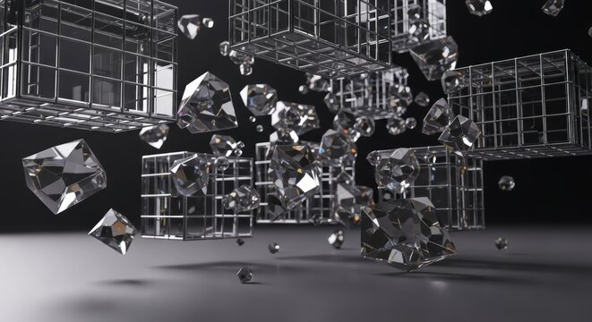 Abstract Crystalline Starbloom; 3D Glass Lotus Sculpture. Krystallos Asteria Concept. Prismatic Quartz Flower with Rainbow Spectrum Refraction on Dark Background.