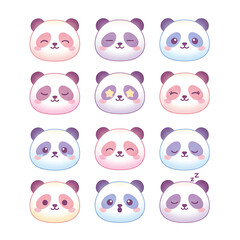 Adorable Panda Face Emoticons Collection, Huge Grid of Kawaii Panda Expressions and Character Reactions for Chat Apps and Social Media, Cute Animal Emoji Sticker Set with Happy, Sad, Angry, and Sleepy