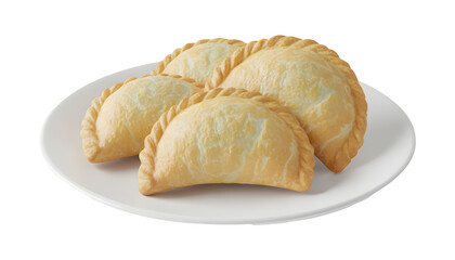 Four golden curry puffs arranged neatly on a white serving dish.