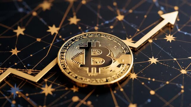 Golden bitcoin coin network grid with rising arrow indicating bullish cryptocurrency growth