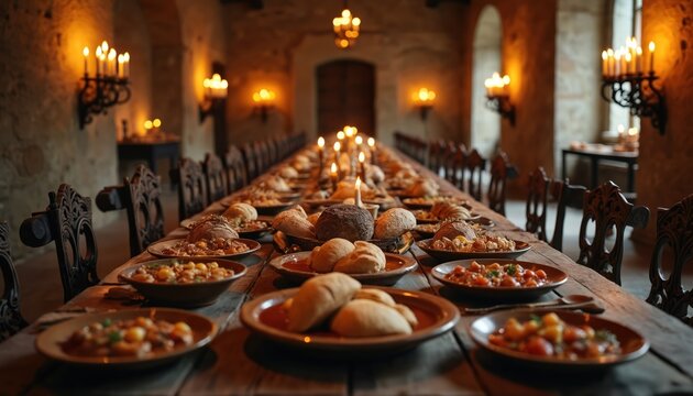 Long banquet table set with ancient food and wine in castle hall. Stone walls, candelabra lights create medieval atmosphere. Empty chairs wait for guests for feast.