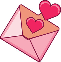 A pink envelope with two red hearts, one on the flap and one floating above, on a white background, conveying a love letter or message, concept, love