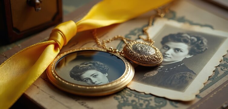 Gold locket with yellow ribbon rests on old photograph. Antique locket holds portrait, beside sepia image. Vintage keepsake evokes family memories.
