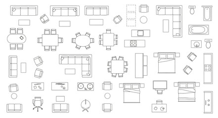 Collection of architectural floor plan drawings of furniture and rooms. © Aceng