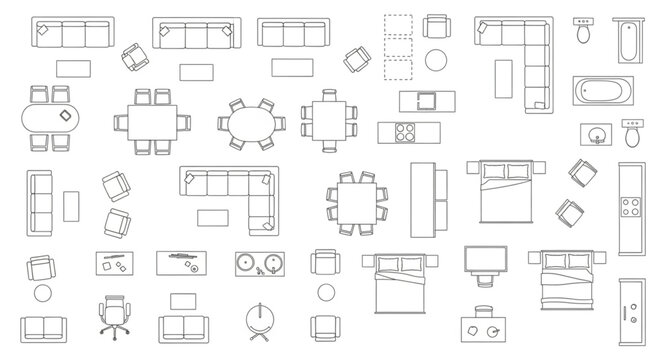 Collection of architectural floor plan drawings of furniture and rooms.