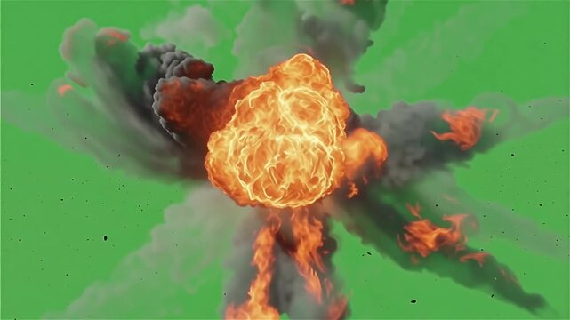 Intense Fire Explosion Bursting Outwards on Green Screen Keywords: Isolated Chroma Key Overlay