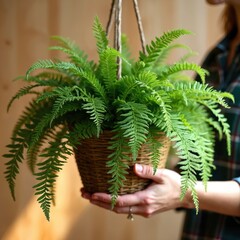 Fototapeta premium Woman holds lush green Boston fern plant in woven basket. Leaves cascade gracefully, adding natural beauty to indoor space. Plant is healthy vibrant, perfect for home decor.