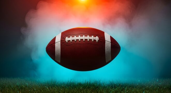 American football on a field with smoke and light effects in background